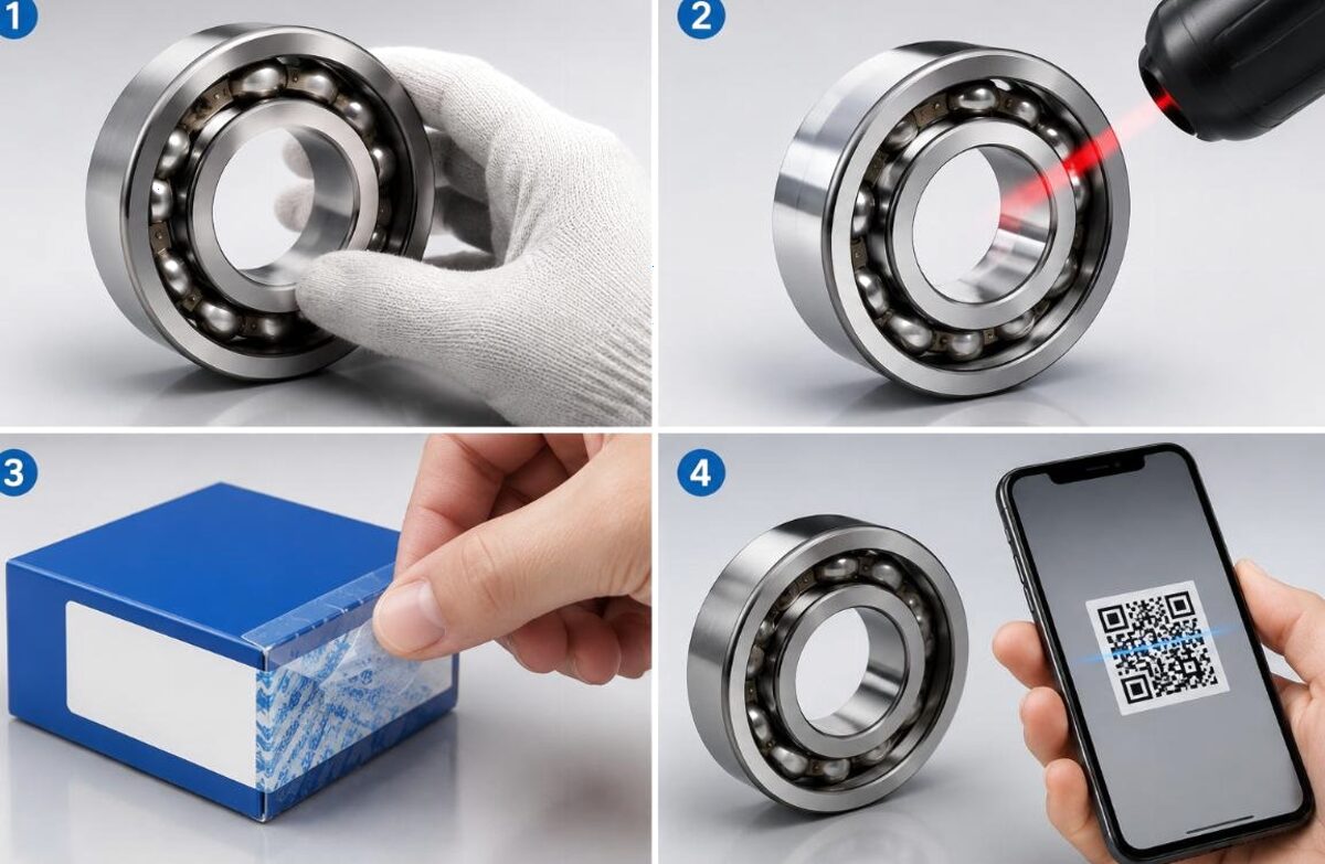 Gloved technician fitting a deep groove ball bearing onto a shaft in a pillow block housing