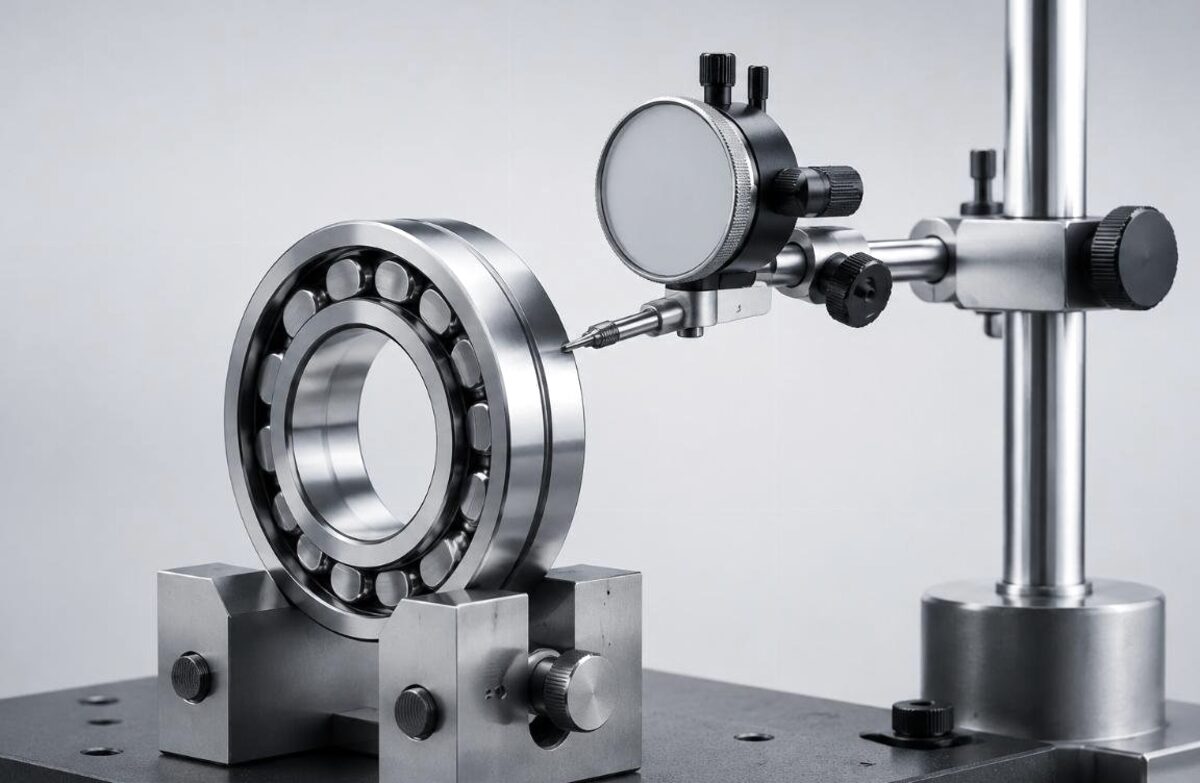 Deep groove ball bearing on a dimensional inspection bench with measuring equipment